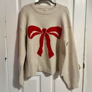 a new day Knit Cream Sweater with Red Bow